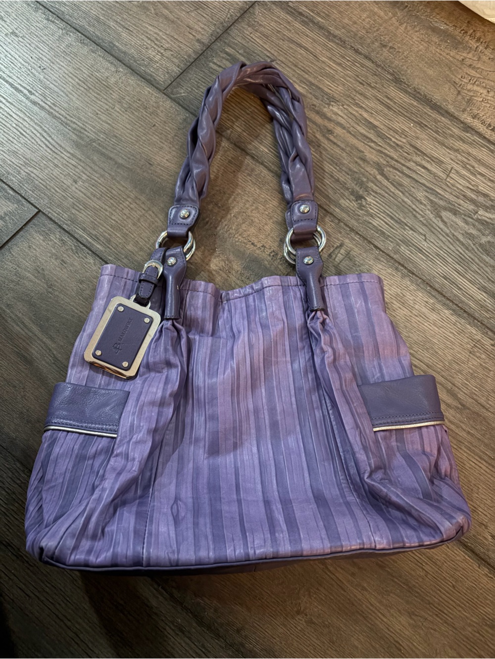 b. makowsky purple bag with Braided Handles